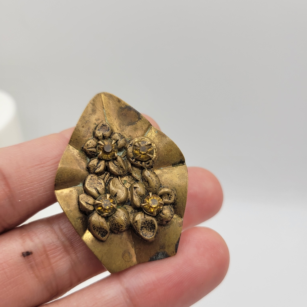 Vintage Gold Floral Brass Brooch With Amber-Colored Rhinestones